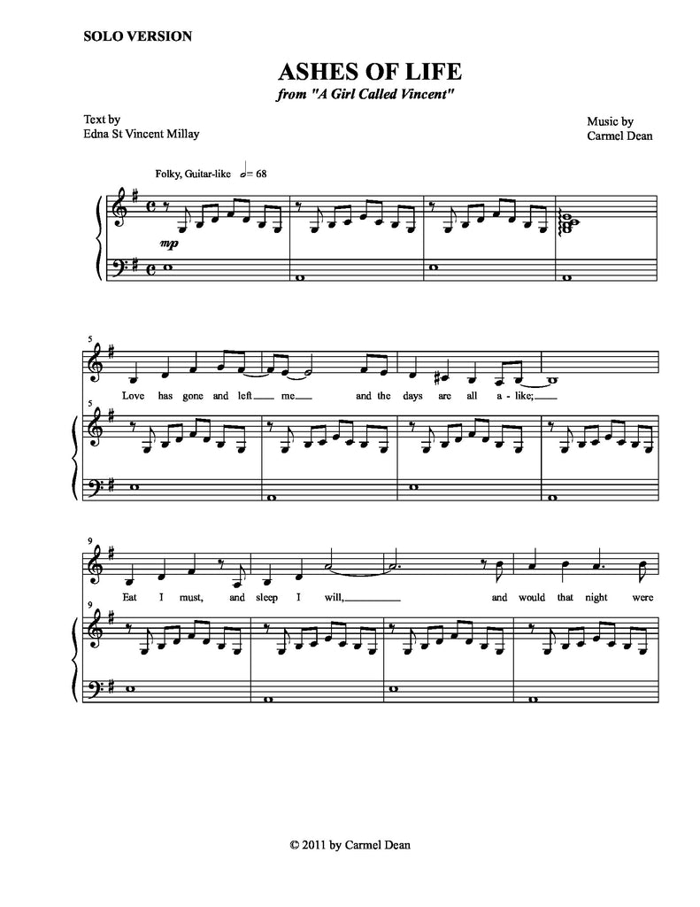 Ashes of Life (Solo Version) | newmusicaltheatre.com | Sheet Music