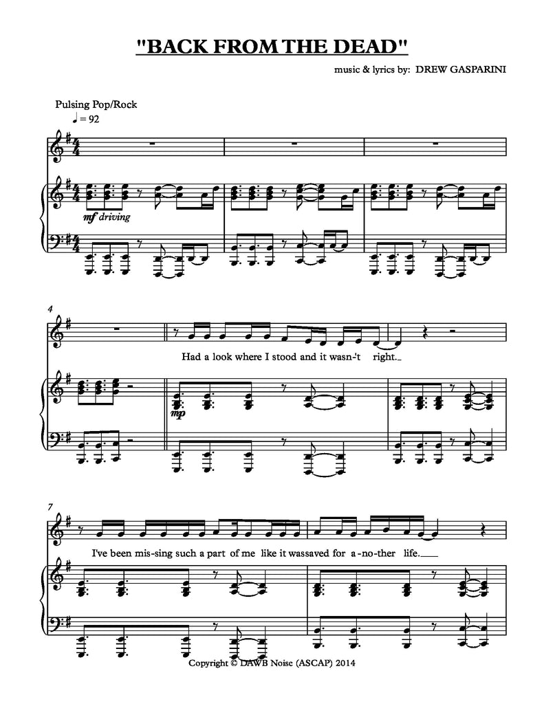 Back From The Dead | newmusicaltheatre.com | Sheet Music